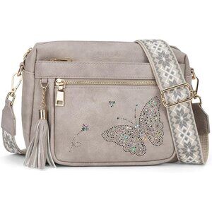 Women’s 05-Grey Leather Purse Crossbody Bag Handbags Butterfly Design